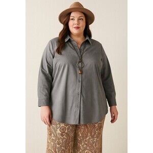 Catherines Womens Blouse Long Sleeve Gray Button Up Collared 1X 18/20W